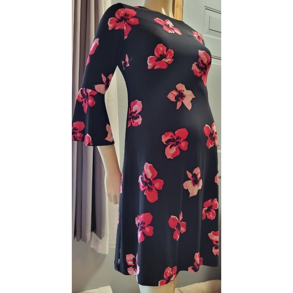 Tommy Hilfiger Black and Pink/Red Floral Bell Sleeves Dress,  2 - Picture 2 of 7